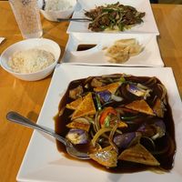 Eggplant & tofu, potstickers, and “Spicy Love"  at Jeff's Vegan in Frisco