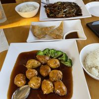 Orange passion balls, onion pancakes, and Mongolian ‘beef'  at Jeff's Vegan in Frisco