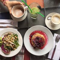 Beetroot hummus and chickpeas on toast, vegan coconut pancakes (so so so good!)  at The Handle Bar in Oxford