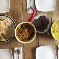 Sri Lankan food made at the cooking class. Two dinners each week are Sri Lankan cuisine made by the wife of the owner. She also runs the cooking class.  at Green Peace Inn in Weligama
