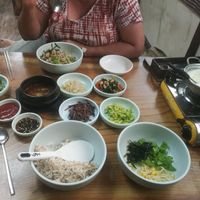 Bibimbap and fresh tofu (on the right) at Gapyeong Suntofu Barley Rice in Incheon