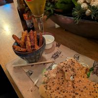 Vegan hamburger, the sweet potatoes are awesome! at Wolf Hotel Kitchen & Bar in Alkmaar