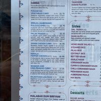 Menu for mains  at Cafe Diwali in Salisbury