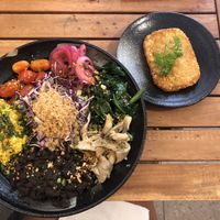 Breakfast bowl and hash brown at Brew and Breakfast in Da Lat
