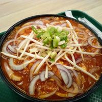 Main dish tomato soup with tofu and vegetable at Vegan Life in Prague