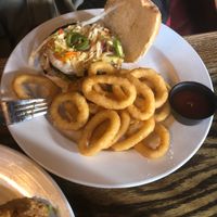 vegan banh mi burger with vegan onion rings! at Bourbon & Branch in Philadelphia