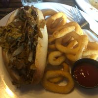 vegan Philly cheesesteak w/ vegan onion rings! at Bourbon & Branch in Philadelphia