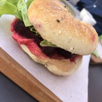 Beet and bean bagel at Beigelistai  in Vilnius