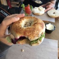 Vegan bagel with bean paste and beet, in the back a Cream cheese bagel (vegetarian) at Beigelistai  in Vilnius