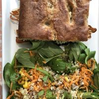 Focaccia with vegan mozzarella and bacon, mixed salad and quinoa  at Jo and Nana Cakes in Paris