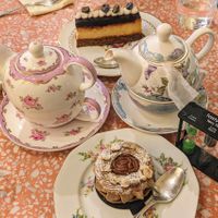 Paris Brest, blueberry cheesecake, two types of teas including separate timers for them! at Jo and Nana Cakes in Paris