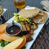 Tofu scramble pancakes homefries and fruit at Shayna B's By The Sea in Westbrook
