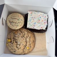 Top left: birthday cake cookie sandwich, top right: birthday cake brownie, bottom: monster cookie  at Chubby Bunny Bakery in Hamilton