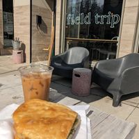 Vegan mushroom sandwich and oat ice latte at  Field Trip Cafe in Toronto