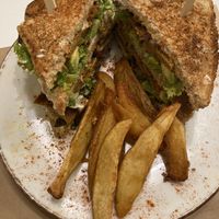 Vegan club sandwich with seitan and avocado  at Peas in Athens
