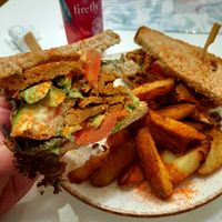 Seitan club sandwich - so delicious and satisfying! at Peas in Athens