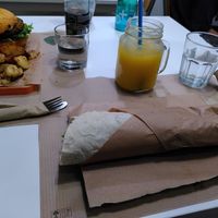 Quinoa Lover with fries, Tortillas Buenas and orange juice at Peas in Athens