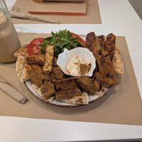 Protein variety dish. Tempeh, seitan and tofu. at Peas in Athens