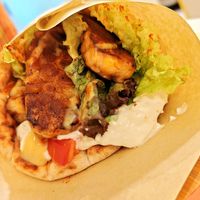 Souvlaki wraps with homemade chickpea tempeh.
 at Peas in Athens