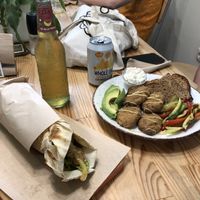 The seitan wrap and tofu nugget breakfast plate at Peas in Athens