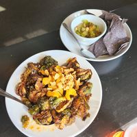 "Famoust Burssels Sprouts" and Roasted Chile Hummus at Merchants Pub and Plate in Lawrence