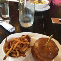 Sweet potato quinoa burger with fries at Merchants Pub and Plate in Lawrence