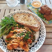Tandoori tofu scramble, and CFC (crispy battered chikn) at Nature Cafe/Bar in Frankston