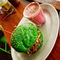 Pulled Jack Fruit burger and Beetroot Latte.. both delicious. ☺  at Nature Cafe/Bar in Frankston