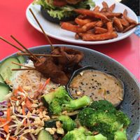 Satay ‘chicken’ and ‘chicken’ burger at Nature Cafe/Bar in Frankston