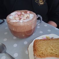 Delicious Hot Chocolate and tasty Lemon Drizzle cake .  Bright airy cafe with friendly service . at The Happy Teapot in Worthing