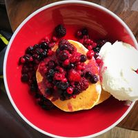 Pancakes with fruit and ice cream  at The Happy Teapot in Worthing