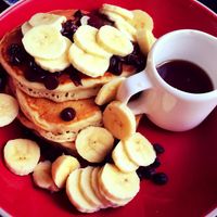 Pancakes with banana, chocolate sauce, Biscoff, nutella and chocolate chips at The Happy Teapot in Worthing