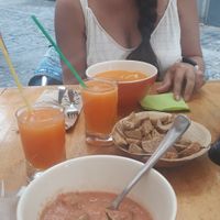 Gazpacho y crema de zanahorias at Fruit' n co Vitamina Bar in Gran Canaria