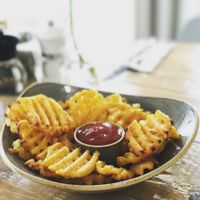 The best fries! Vegan garlic mayo available!  at The Pizza Cafe in Newton Abbot