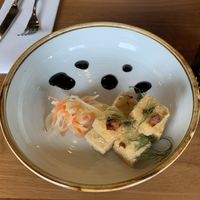 Tofu appetizer with vegan XO sauce and pickled veg.  at The Five Fishermen in Halifax