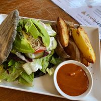 The Delux Spelt Burger with Air Fries and "spicy" dipping sauce.  at Fruibies in Kuranda