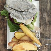 Deluxe burger and chips at Fruibies in Kuranda