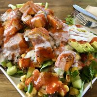 Pumpkin Salad with selfmade sweet chili sauce, aioli, avocado and Mexican salsa  at Fruibies in Kuranda