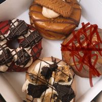 3 of the vegan flavors   at Rodeo Doughnuts - Shaftesbury Ave in London