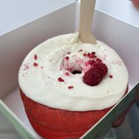 Red velvet doughnut #Veganuary at Rodeo Doughnuts - Shaftesbury Ave in London