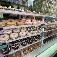 All the doughnuts on the left were vegan!  at Rodeo Doughnuts - Shaftesbury Ave in London