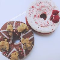 The 'Jolly AF' and the 'Sia Later' vegan doughnuts. at Rodeo Doughnuts - Shaftesbury Ave in London
