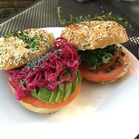 Avocado bagel sandwich and cream cheese & tomato & caper sandwich. So good! at Pirate's Bone Burgers - Crossroads in Kansas City