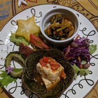 The starter plate of the Dumpling set, the tofu was SO GOOD, it had a really strong smokey flavour with the sauce. ✨ at LaLa Zorba ララ・ゾルバ in Naha