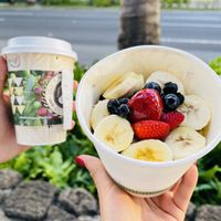 Tiny matcha latte and acai bowl  at Island Vintage Coffee in Honolulu