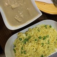 tofu in creamy coconut-cashew sauce, rice with peas  at Punjabi Dhaba in Bratislava