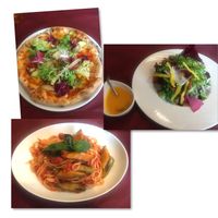 Vegetable pizza, garden salad and tomato and aubergine pasta  at La Luce in Fujikawaguchiko