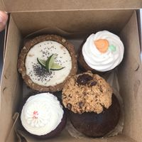Vegan selection of the day. Red velvet muffin, carrot cake muffin, key lime cheesecake, cookie and whoopie pie.  at Red Barn Bakery in Irvington
