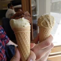 Check if cones are vegan. The ice cream was fabulous. Pistachio on the right, chocolate and lemon-basil on the left. Pistachio was best. at i Nonni Cremeria in Bratislava