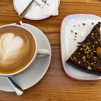 Oat cappuccino with choco nut cake   at Coogi's Restaurant in Mdina